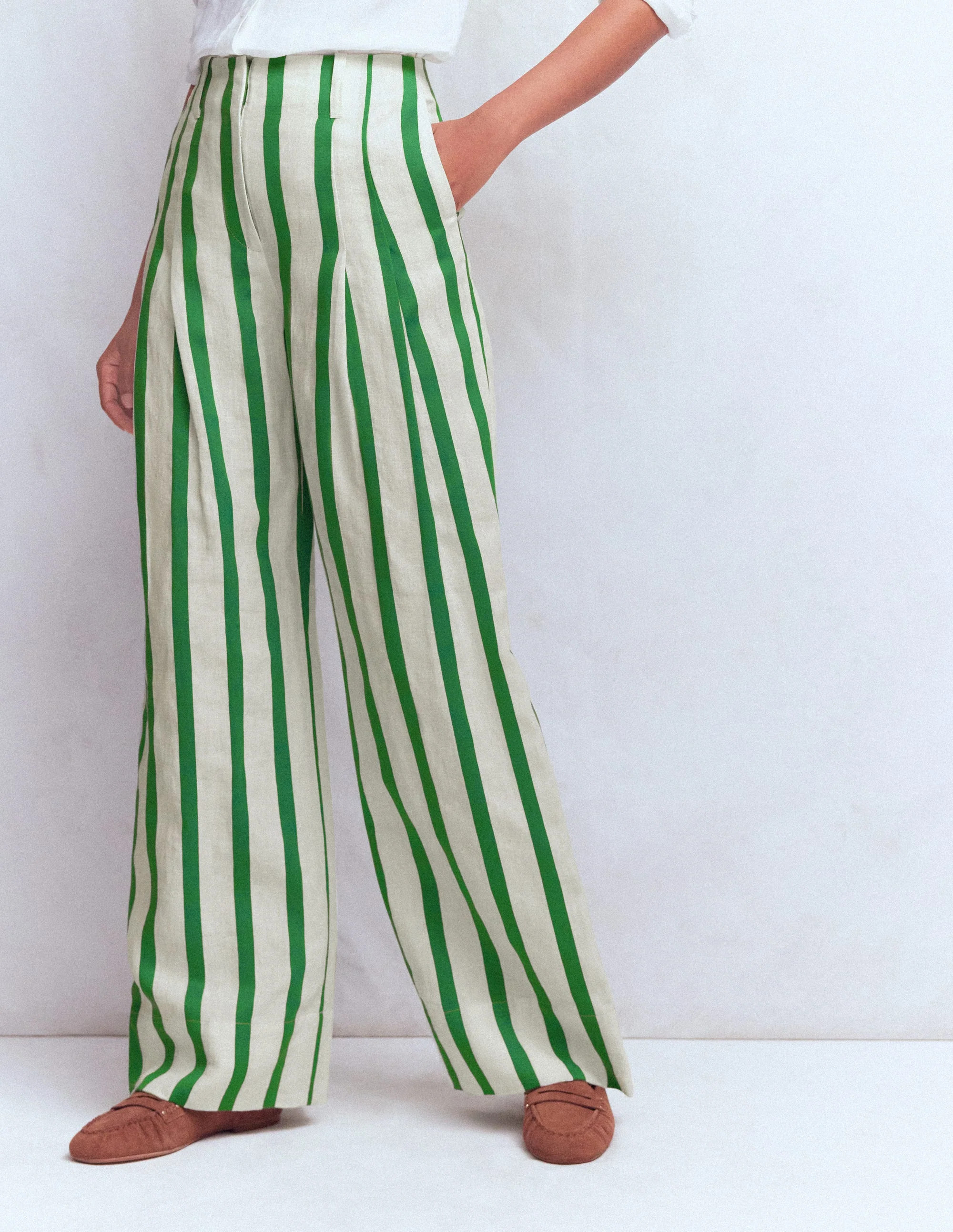 Mayfair Linen Trousers-Ivory, Fresh Green Stripe | Boden UK