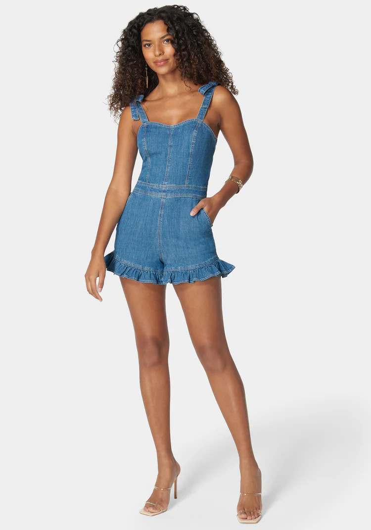 Tie Strap Ruffle Detail Denim Romper | Bebe