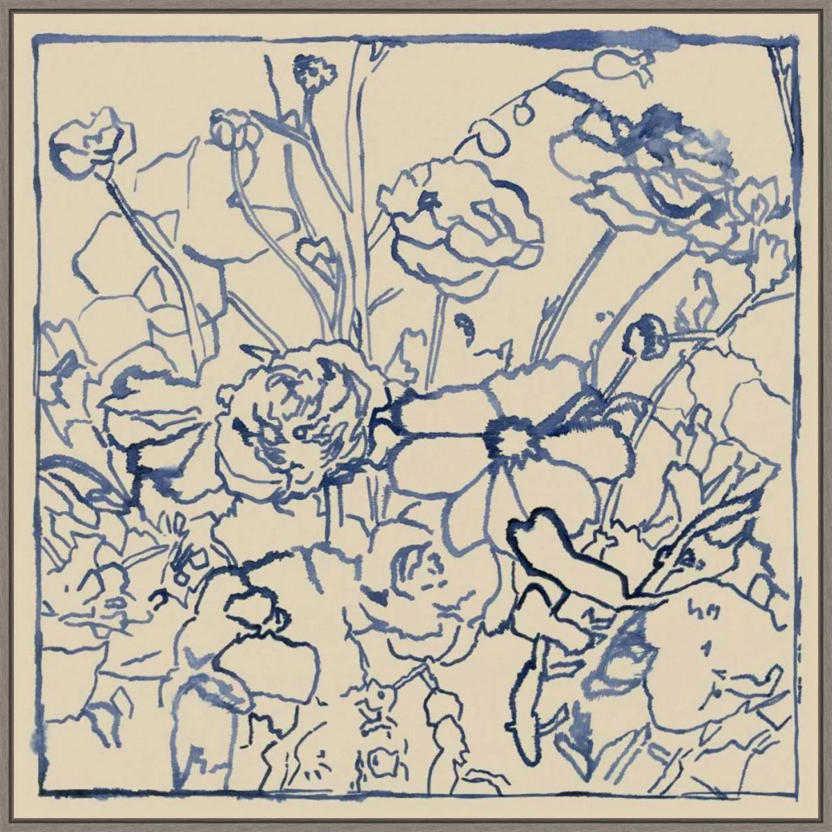 30"x30" Indigo Floral Sketch II by Megan Meagher Framed Wall Art Print - Amanti Art: Botanical Li... | Target