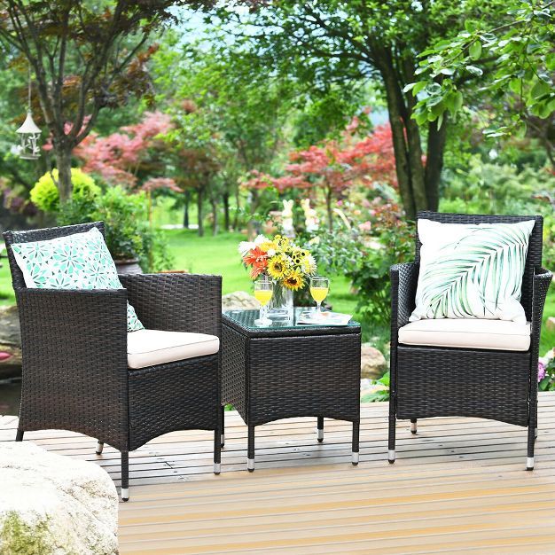 Costway Outdoor 3 PCS PE Rattan Wicker Furniture Sets Chairs  Coffee Table Garden | Target