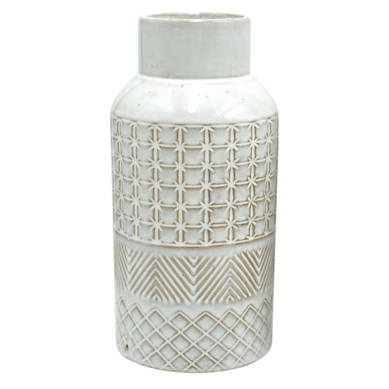 White Tribal Patterned Ceramic Vase, 10" | At Home
