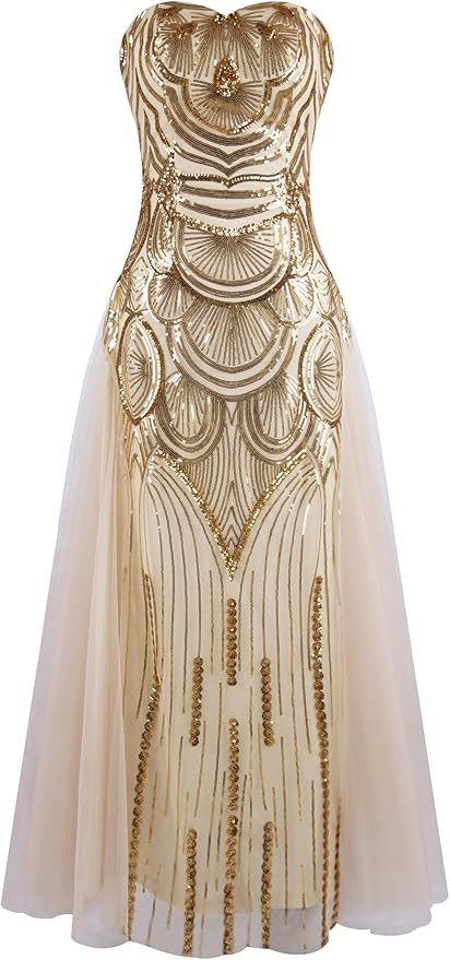 ANGEL FASHIONS Women's Sequin Strapless Sweetheart Mesh Lace up Banquet Dress | Amazon (US)