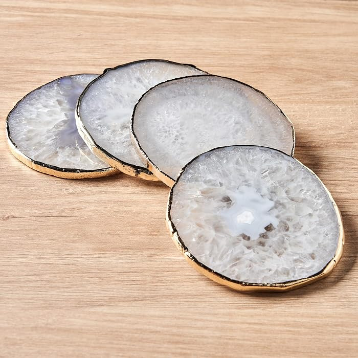 White Agate Coasters for Drinks, Crystal Coaster with Gold Edge 3.5-4", Geode Coaster Set of 4, Gemstone Natural Stone Coasters for Coffee Table, White Agate Slices Cup Mat for Home Decor | Amazon (US)