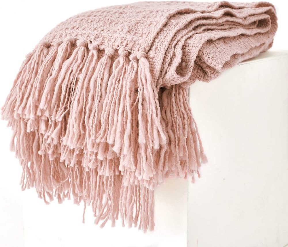 PANDATEX Thick Chunky Pink Knitted Throw Blanket for Couch Chair Sofa Bed, Chic Boho Style Textur... | Amazon (US)