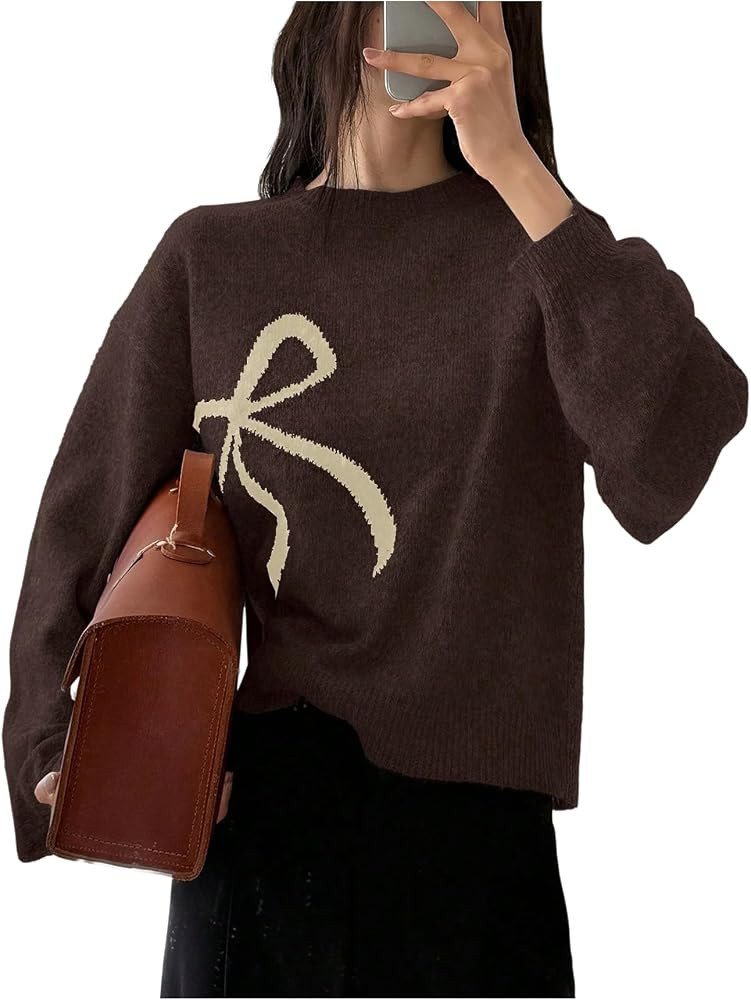 GORGLITTER Women's Bow Printed Sweater Tops Fall Casual Trendy Long Sleeve Crew Neck Winter Knit ... | Amazon (US)