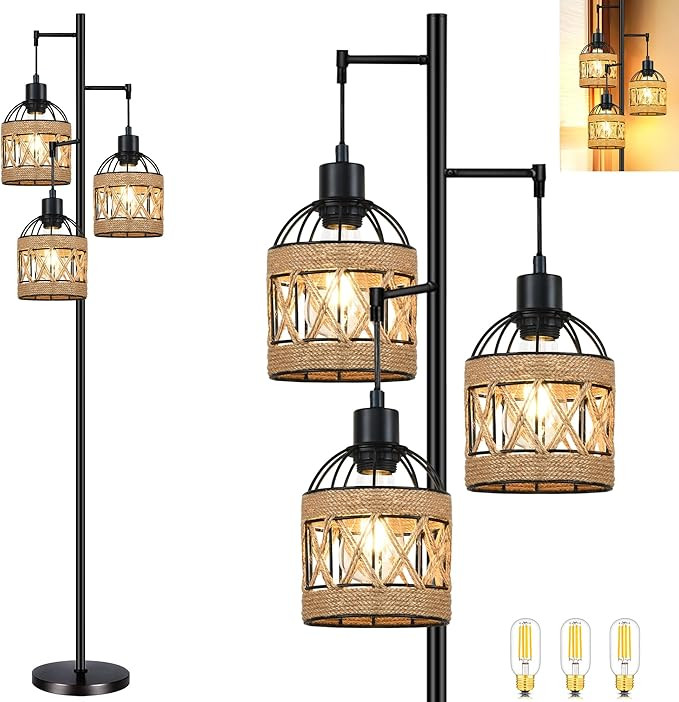 Tree Floor Lamp Rattan for Living Room,Bedroom,3-Lights Boho Floor Lamps,Farmhouse Industrial Bla... | Amazon (US)