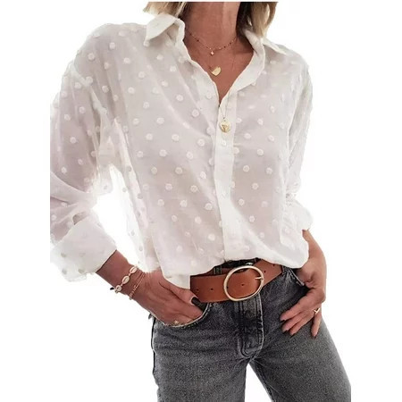 AmShibel Women s Mesh Sheer Polka Dot Blouse Long Sleeve Button Down Shirt Tops | Walmart (US)