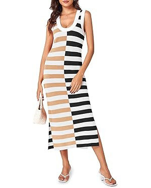 Wenrine Womens Summer Striped Dress Sleeveless Knitted Contrast Color Side Slit Casual Maxi Beach... | Amazon (US)