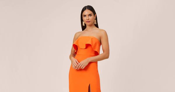 Strapless Stretch Crepe Popover Long Column Gown In Tigerlily | Adrianna Papell