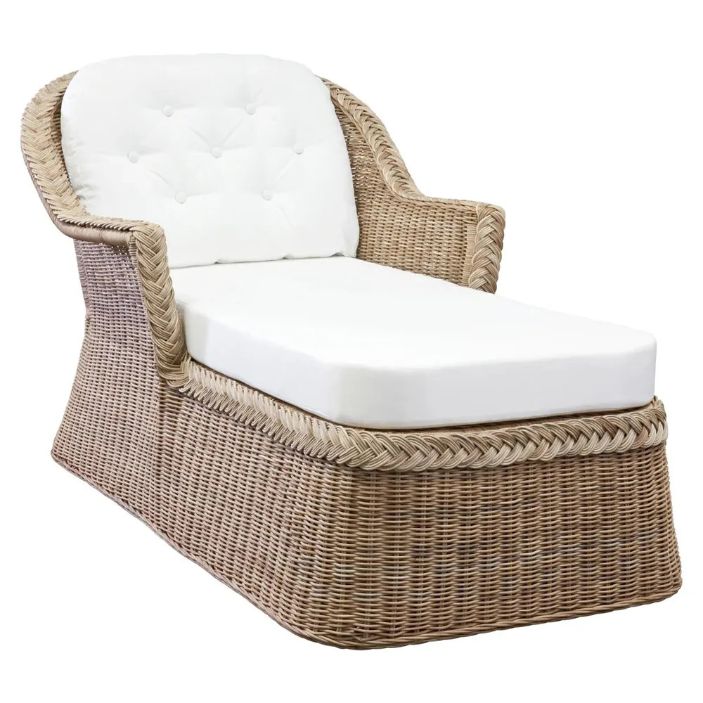 Maya Coastal Beach White Upholstered Natural Handwoven Rattan Chaise Lounge | Kathy Kuo Home