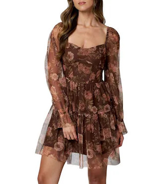 Floral Printed Mesh Sweetheart Neck Long Sleeve Dress | Dillard's
