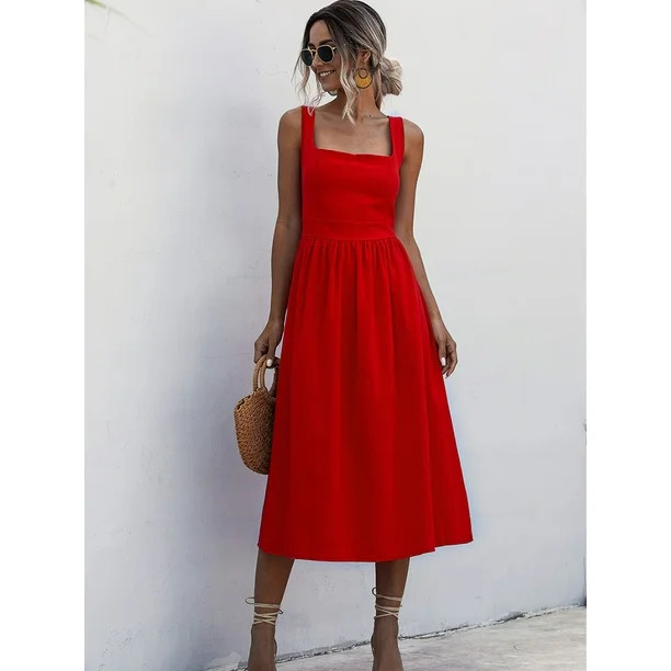 Hotian Women Square Neck Smocked Midi Flare Party Vacation Cami Dress Red S/US4 | Walmart (US)