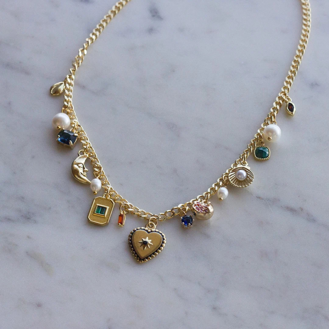 The Circe Charm Necklace 15 Gold Plated Charms on Curb Chain Hearts, Green Pendant, Moon, Pearls,... | Etsy (US)