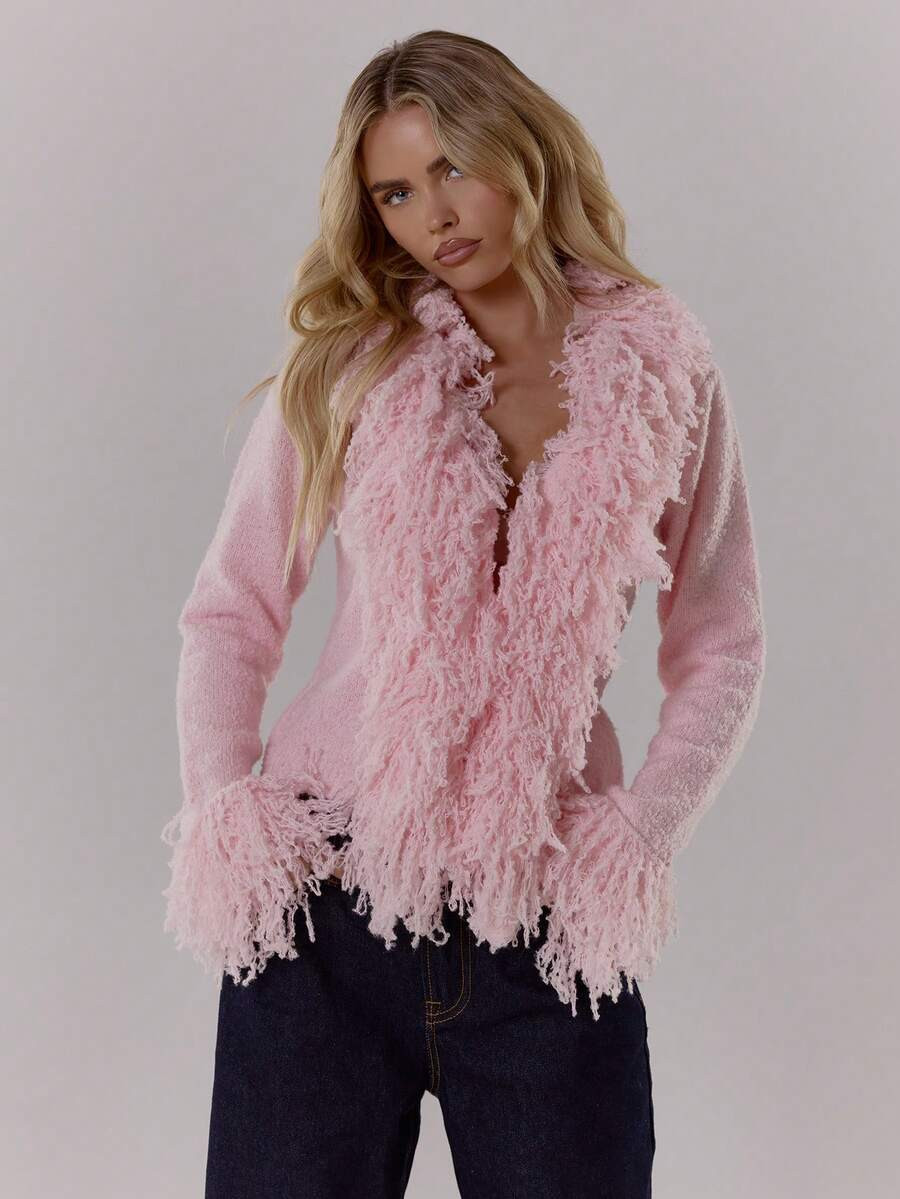 MUSERA Knit Shaggy Trim Fitted Cardigan Fall Autumn Cosy Fluffy Cute Casual Coffee Club Winter   ... | SHEIN