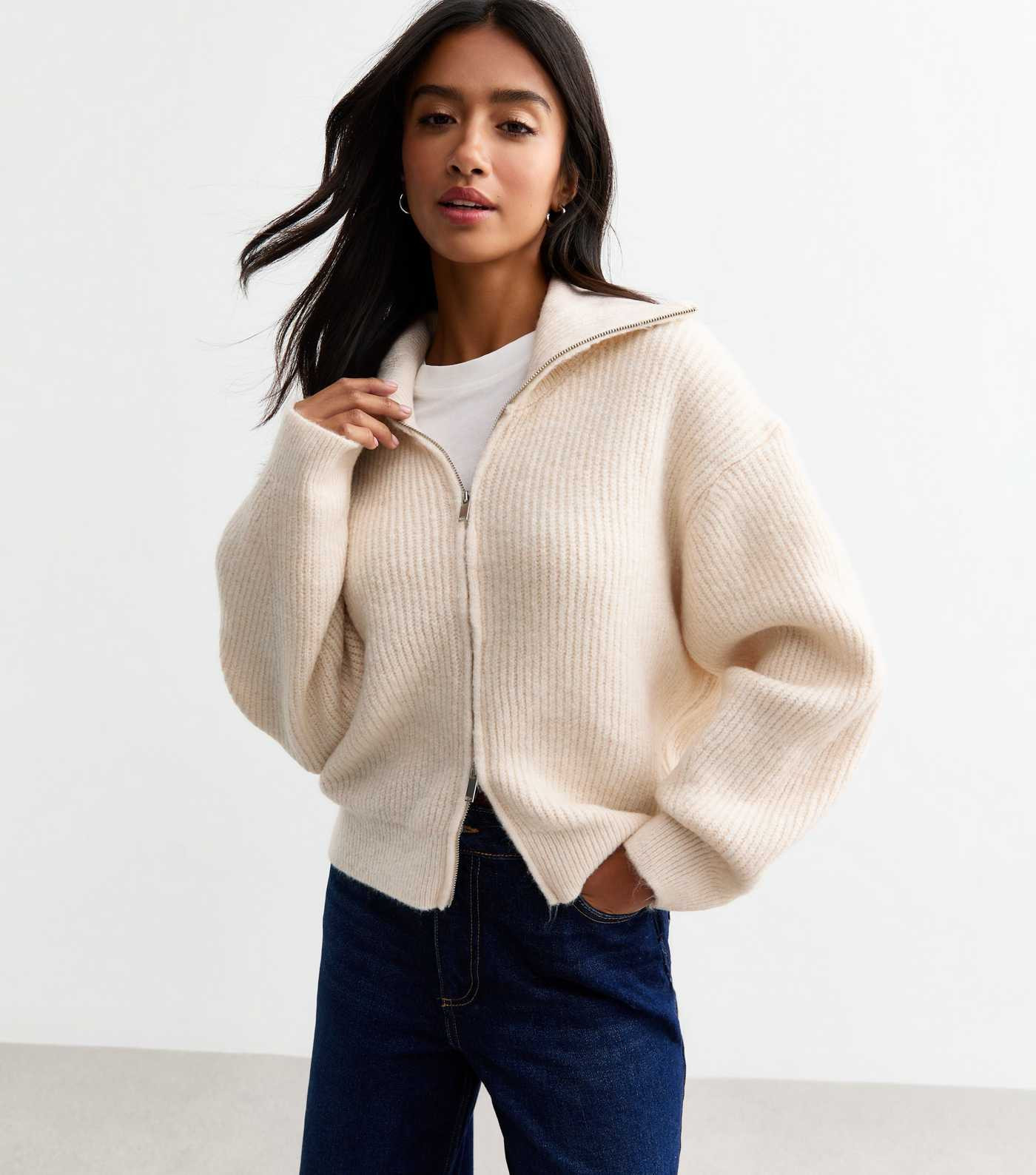 Petite Cream High Neck Two Way Zip Knitted Cardigan | New Look | New Look (UK)