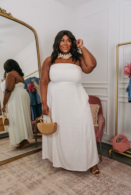 Amazon Summer Dress Find 🤍✨ Linen Strapless Maxi with Pockets ~ dressed up like this or wear with a denim jacket and white tennis shoes. 

Wearing an XXL - strapless bra also linked below. 

Pjs Size 3X 

Linen Dress, White Linen Dress, White Dresses. summer outfits, vacation outfit, wedding Guest Dress

#LTKplussize #LTKfindsunder50 #LTKfindsunder100