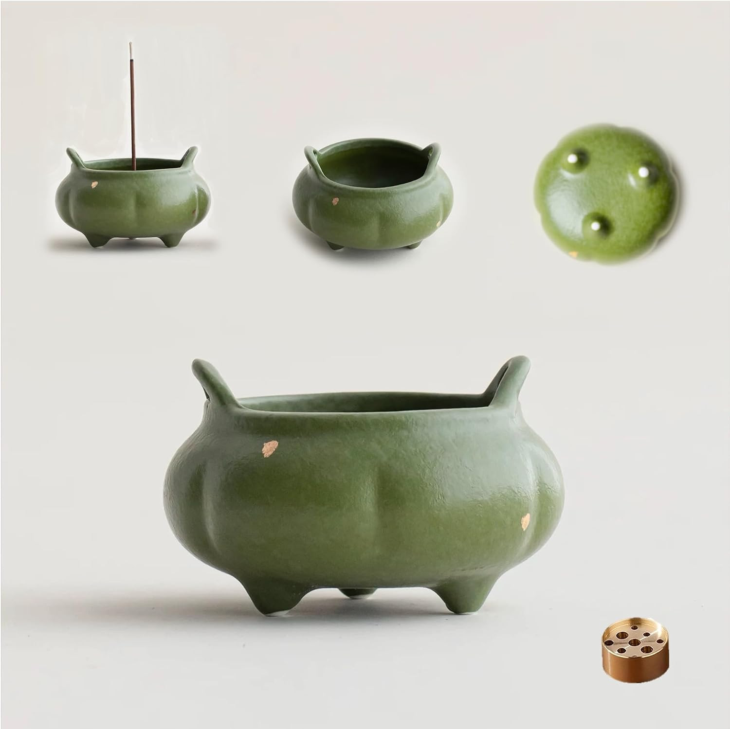 Hermit Life Incense Burner with 9 Holes Stick Holder, Lotus Bud or Tripod Ding Shape Design and Matte Ceramic Surface for Home Décor, Incense Stick Holder with Ash Catcher (Green Tripod Ding) | Amazon (US)