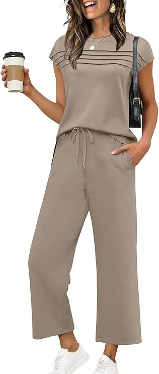 WIHOLL Two Piece Sets for Women Summer Travel Vacation Outfits Cap Sleeve Lounge Matching Sets Wi... | Amazon (US)