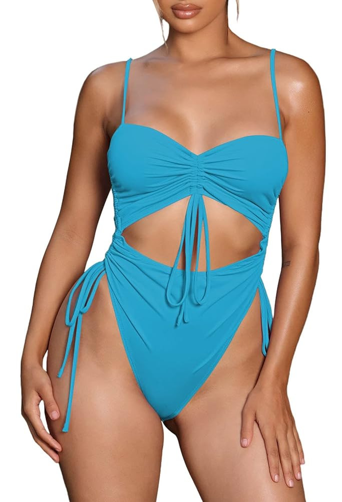 Viottiset Women's Cut Out Drawstring One Piece Swimsuit Cheeky High Cut Bathing Suit | Amazon (US)
