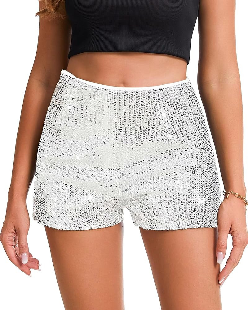 Womens Sequins Shorts A Line High Waist Elastic Sparkly Night-Out Shorts Clubwear Party Short | Amazon (US)