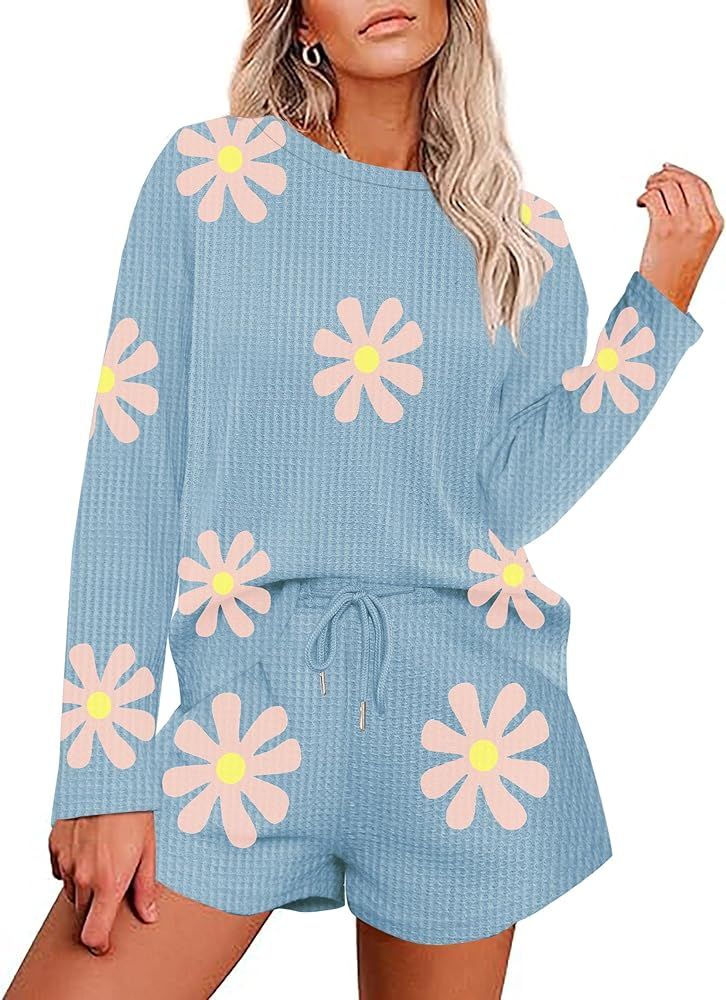 Womens Waffle Knit Pajama Set Lounge Set Tracksuit Sweatsuit 2 Piece Outfit Long Sleeve Top and S... | Amazon (US)