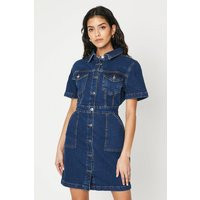 Womens Petite Denim Short Sleeve Mini Dress - Blue - 14 | boohoo (US & Canada)