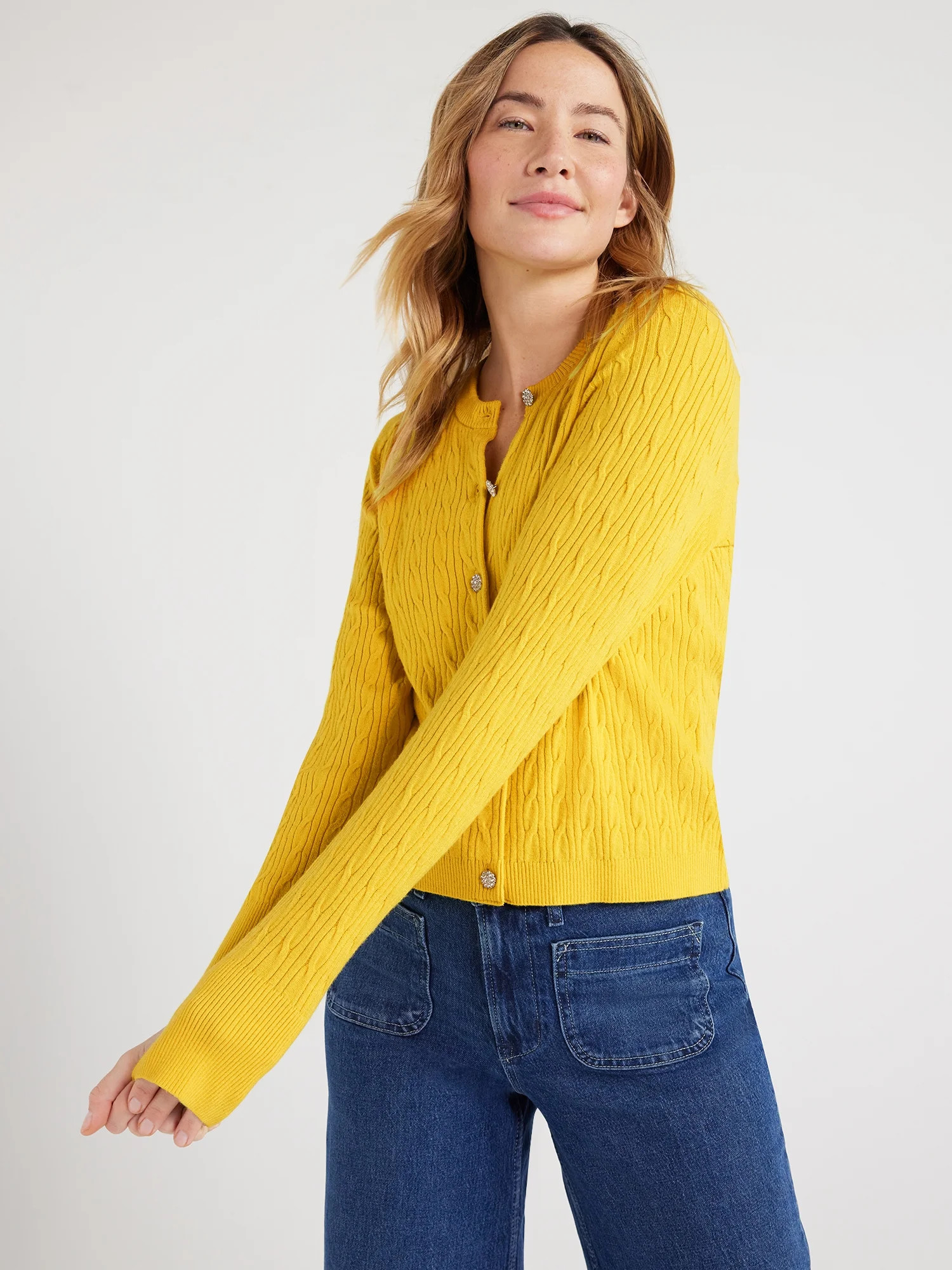 Free Assembly Women’s Cable Knit Cardigan Sweater with Long Sleeves, Lightweight, Sizes XS-XXXL | Walmart (US)