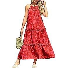 GRACE KARIN 2026 Women's Floral Halter Maxi Dress Boho Summer Beach Sundress with Tiered Ruffle S... | Amazon (US)