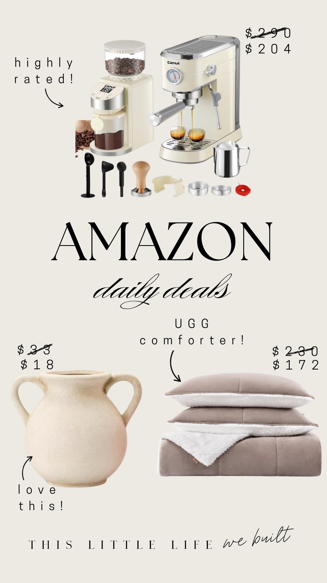 Amazon daily deals! 

Espresso machine, comforter, vase, Ugg, Amazon home 

#LTKU #LTKSaleAlert #LTKHome