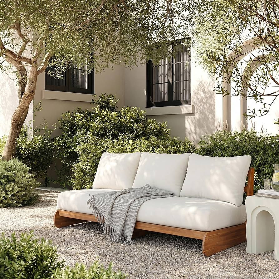 Merax Outdoor Acacia Wood Sofa with All-Weather Cushions, Patio Low 3-Seater Lounge Sofa for Porc... | Amazon (US)