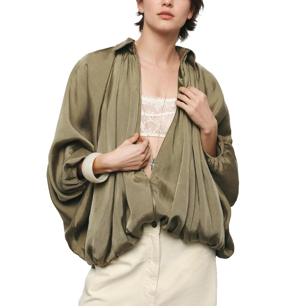 Womens Puffed Bomber Jacket Casual Batwing Sleeve Lapel Collar Zip Shirts Oversized Pleated Stree... | Amazon (US)