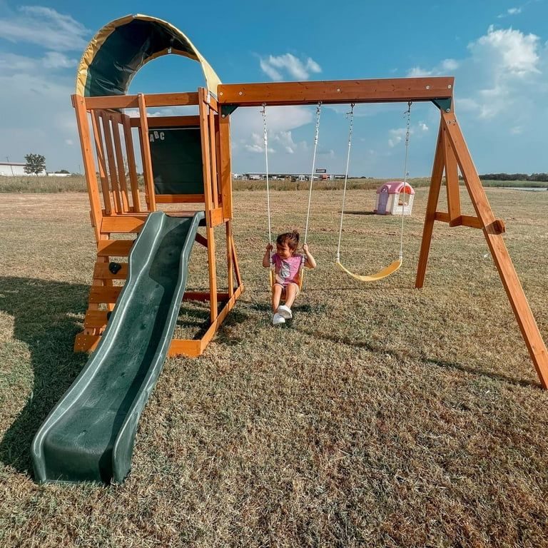 KidKraft Ainsley Wooden Outdoor Swing Set with Slide and Rock Wall | Walmart (US)