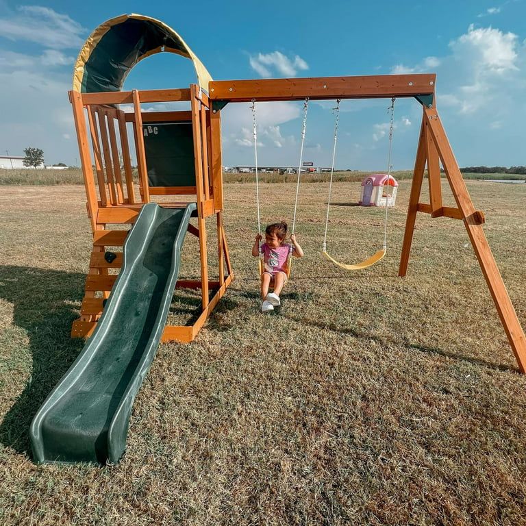 KidKraft Ainsley Wooden Outdoor Swing Set with Slide and Rock Wall | Walmart (US)