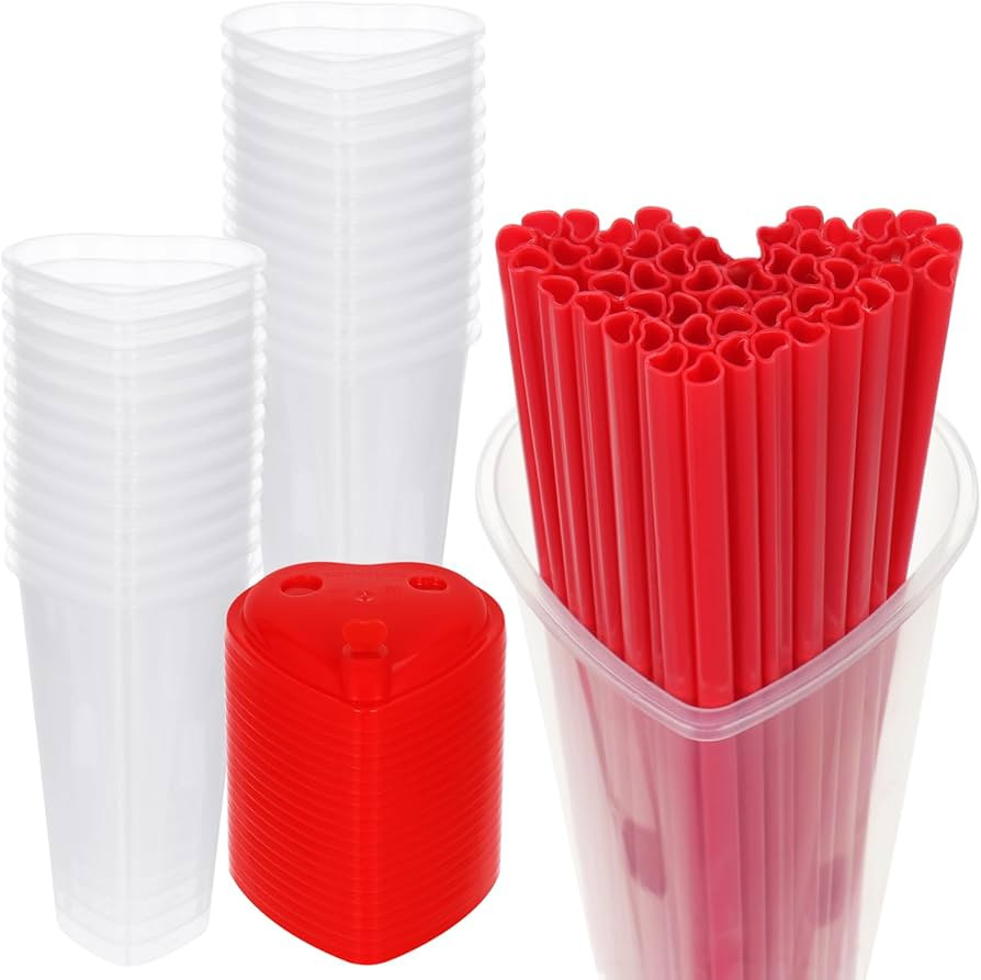 Foxtell 50 Set Heart Shaped Plastic Cups with Lids & Red Straws - 15oz Disposable Clear Cups Tran... | Amazon (US)