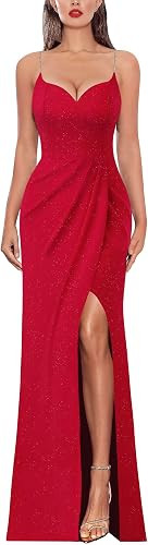 VFSHOW Womens Sexy Formal Ruched Fitted High Slit Bodycon Maxi Dress Spaghetti Strap Sweetheart C... | Amazon (US)