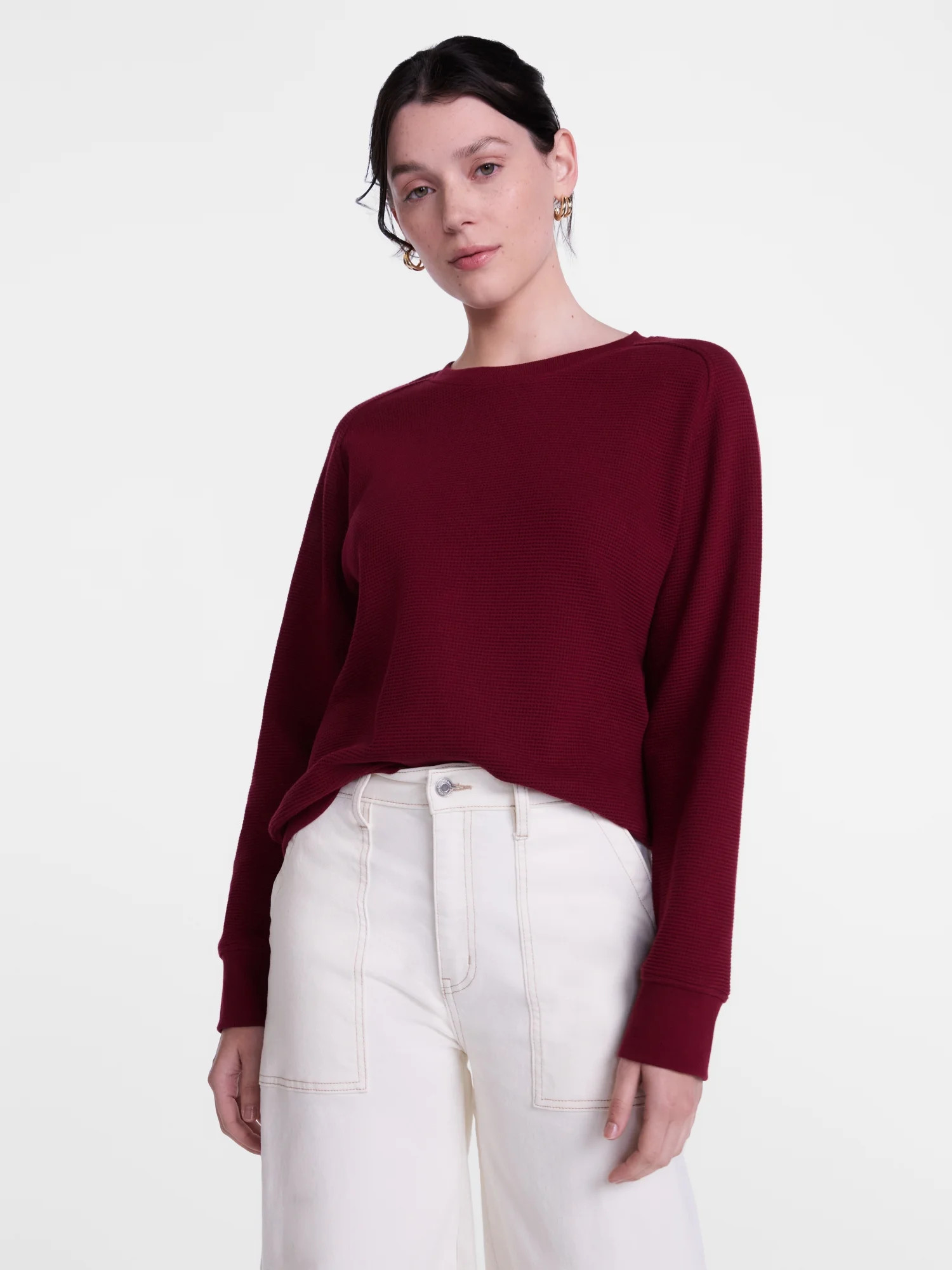 Scenario Women's Waffle Knit Crewneck Tee with Long Sleeves, Sizes XS-XXXL | Walmart (US)