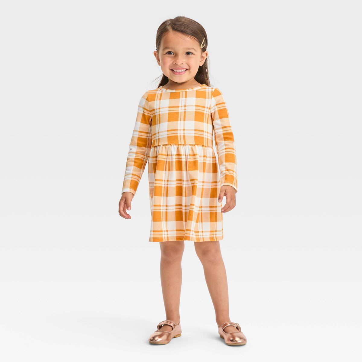 Toddler Girls' Plaid Long Sleeve Dress - Cat & Jack™ Dark Mustard Yellow | Target