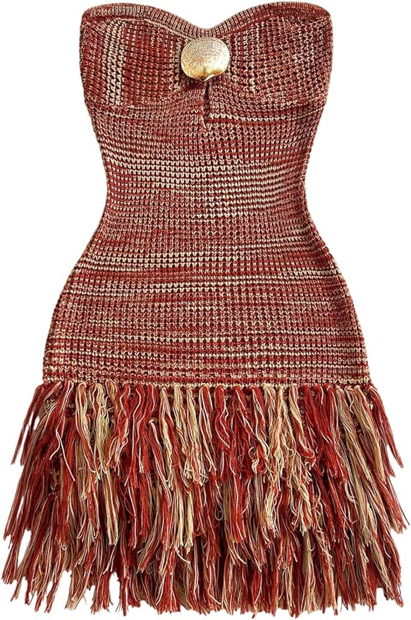 WDIRARA Women's Metal Fringe Hem Knitted Tube Dress Cut Out Layered Mini Boho Dresses Multicolor ... | Amazon (US)