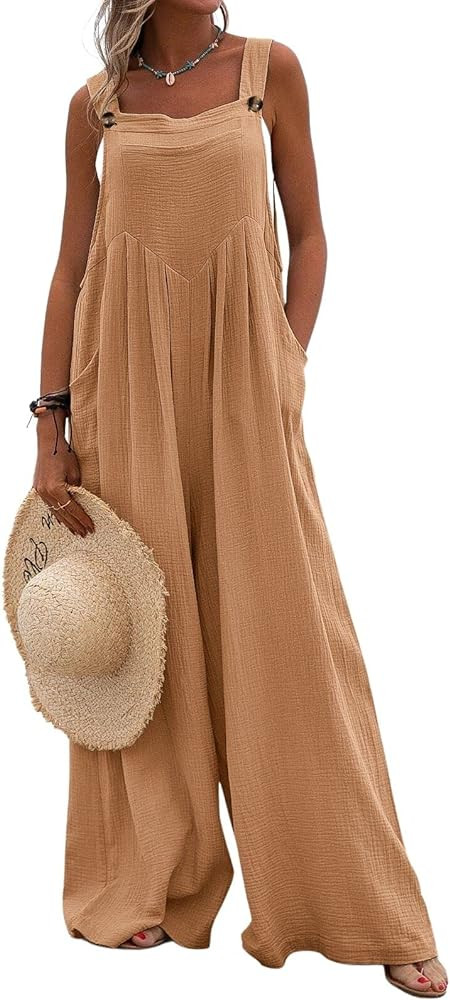 chouyatou Women's Casual Adjustable Strap Wide Leg Bib Overalls Jumpsuit with Pockets | Amazon (US)