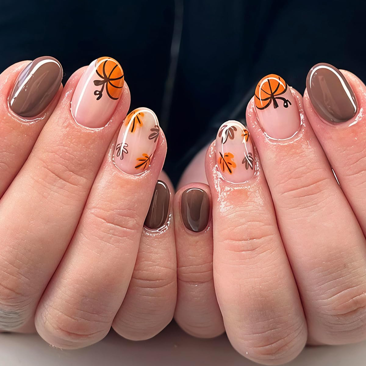 24Pcs Fall Press on Nails Oval, Pumpkin, Maple Leaf, Brown, Short | Glossy Autumn Winter Nails, f... | Amazon (US)