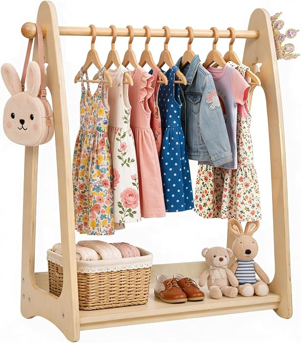 Kids Dress Up Rack for Girls Boys and Toddlers Ages 2-6, Natural Wood Kids Clothing Rack with She... | Amazon (US)