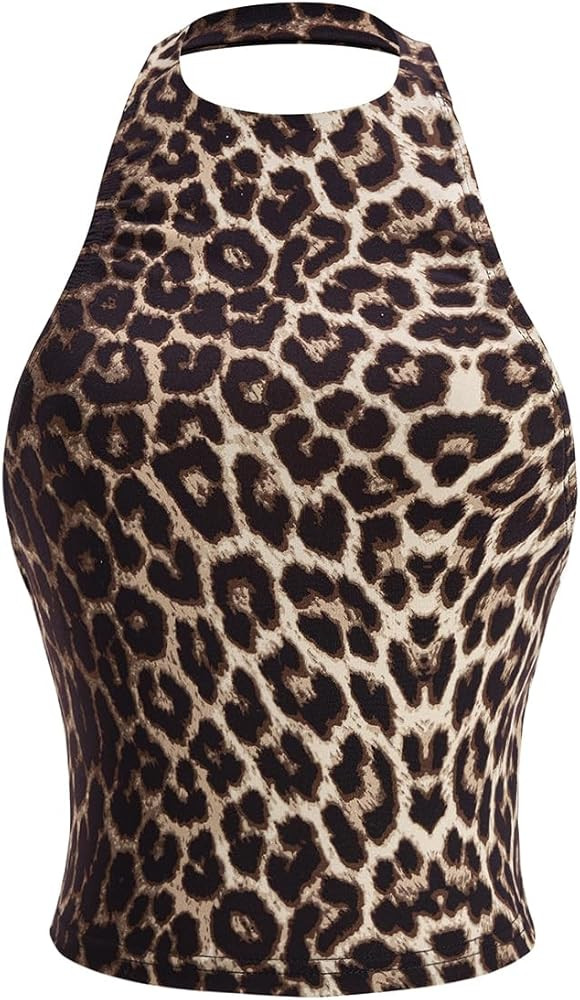 Women's Leopard Print Halter Crop Top Summer Backless Mock Neck Y2k Party Club Tops | Amazon (US)
