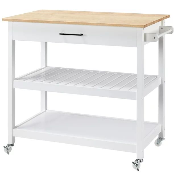 Alden Design Wooden Oak Countertop Kitchen Cart with Storage Shelves and Drawer, White | Walmart (US)