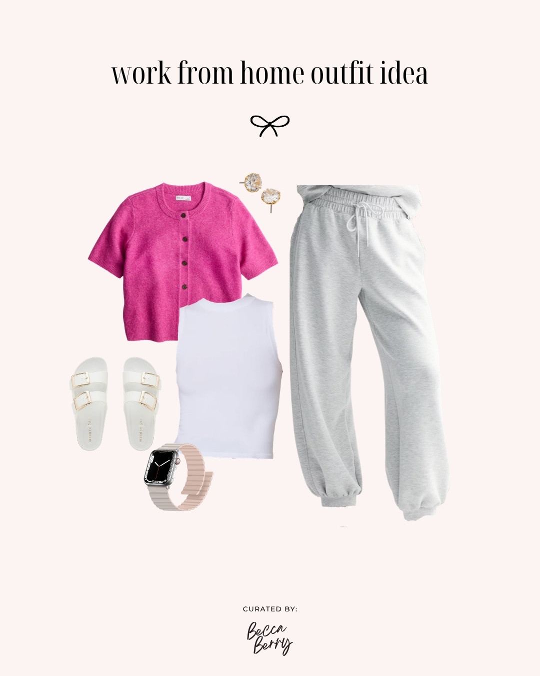 An easy early-summer work-from-home outfit featuring a white mock-neck tank, pink cardigan, and light gray joggers. Comfortable enough for all-day wear while still feeling put together for meetings and everyday tasks.

#LTKootd #LTKMidsize #LTKWorkwear
