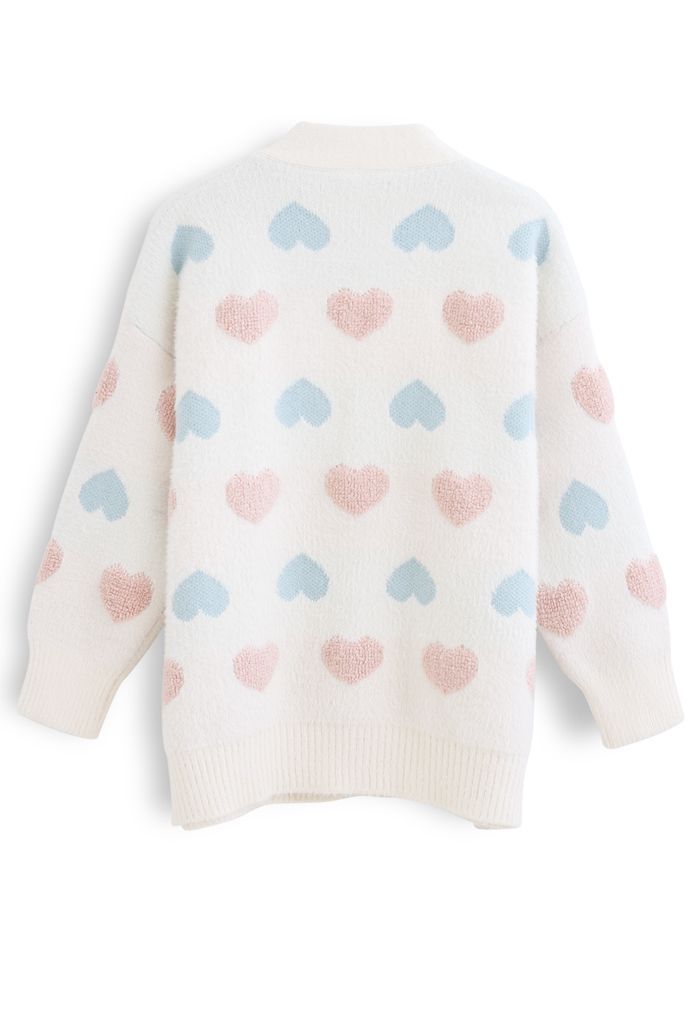 Button Down Heart Fuzzy Knit Cardigan in Ivory | Chicwish