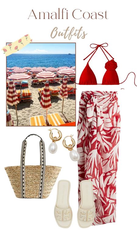 Amalfi coast outfit, blue dress, white espadrilles, white straw bag, vacation outfit, summer dress, red bikini, red sarong, beach bag

#LTKSwim #LTKTravel #LTKFindsUnder50