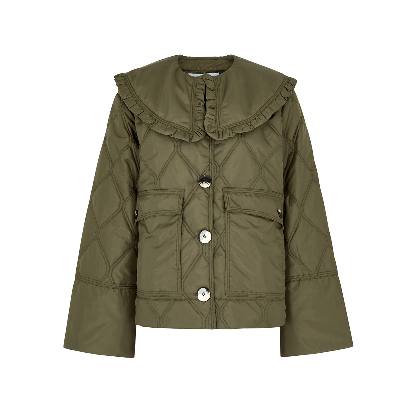 Ganni Ruffle-trimmed Quilted Shell Jacket - Khaki - 10 | Harvey Nichols (Global)