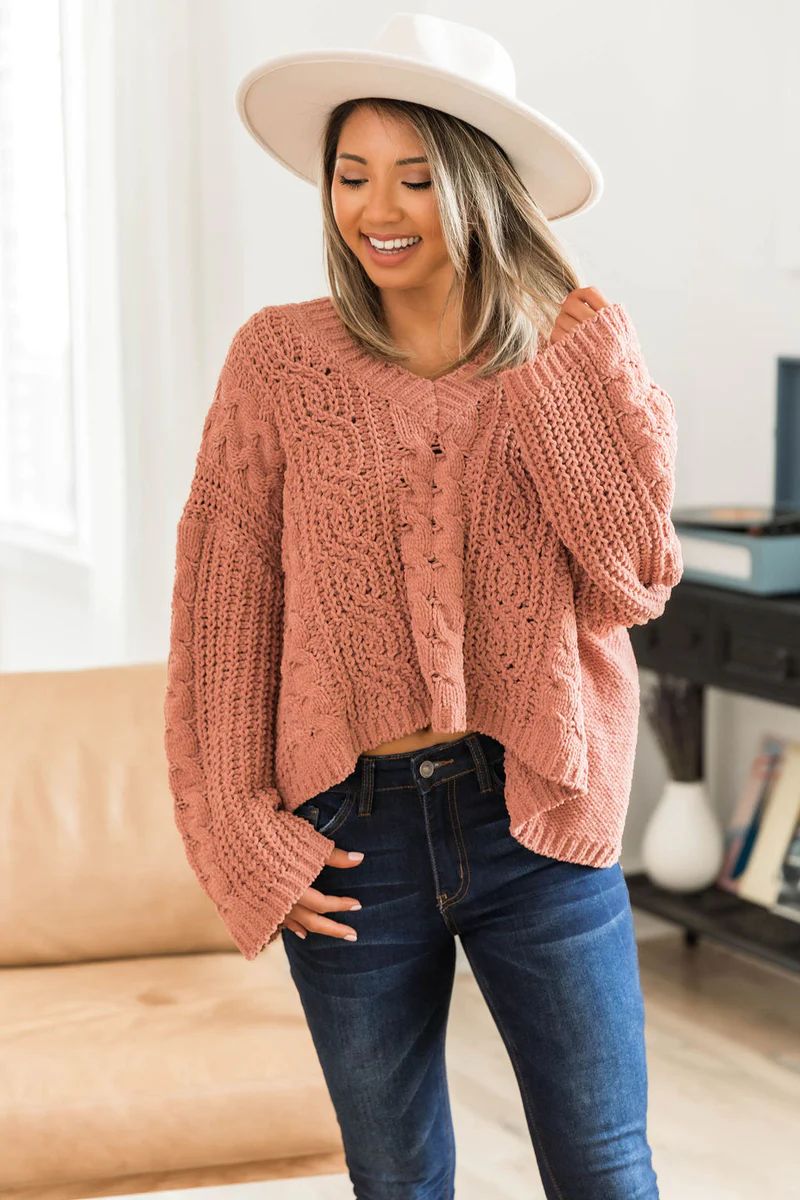 Spend The Night Terracotta Chenille Cable Knit Sweater | The Pink Lily Boutique