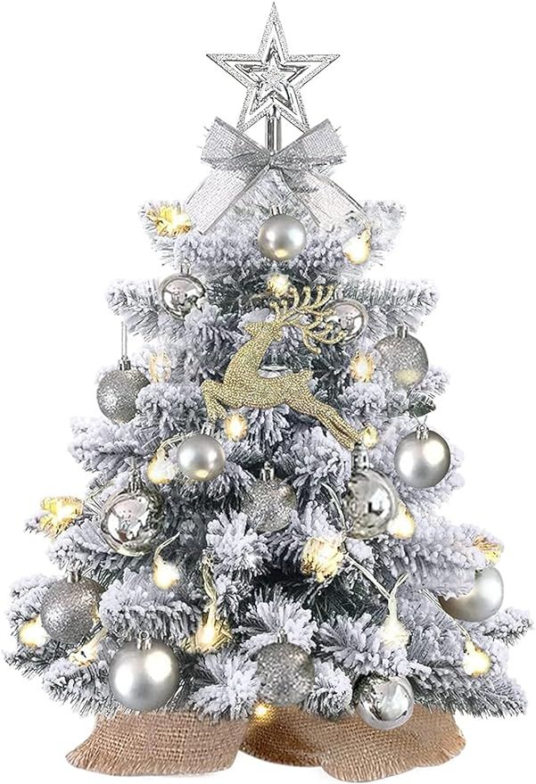 Mini Christmas Tree with Lights,24In/2ft Snow Flocked Pre-lit Tabletop Christmas Tree with 19 Dec... | Amazon (US)