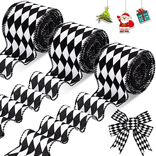 3 Rolls 30 Yard 2.5 Inch Christmas Black White Harlequin Ribbon Checkered Wired Ribbon Decorative... | Amazon (US)